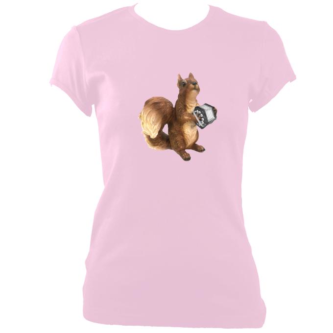 update alt-text with template Concertina Playing Squirrel Ladies Fitted T-shirt - T-shirt - Light Pink - Mudchutney