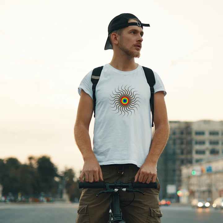 man wearing non folk music tshirt in white