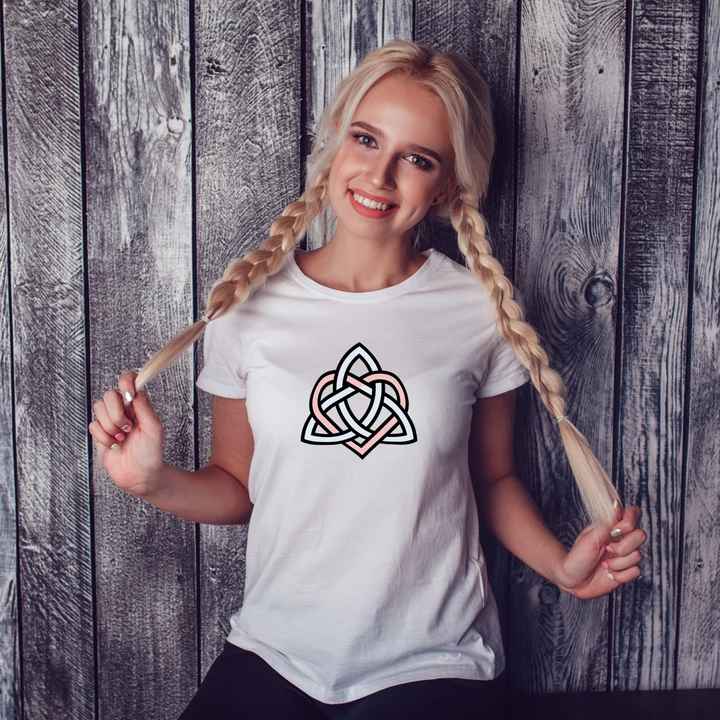 girl with blonde hair wearing celtic style tshirt