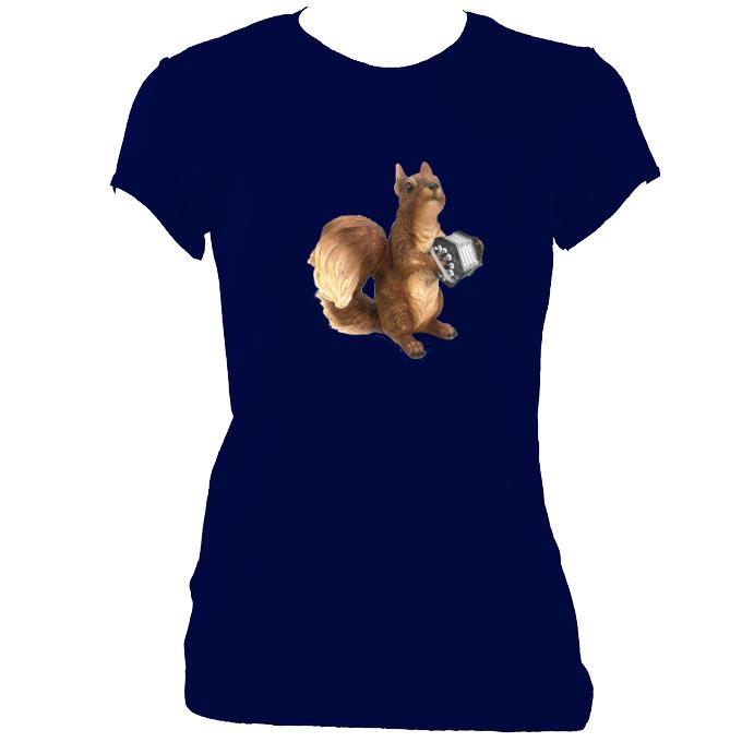 update alt-text with template Concertina Playing Squirrel Ladies Fitted T-shirt - T-shirt - Navy - Mudchutney
