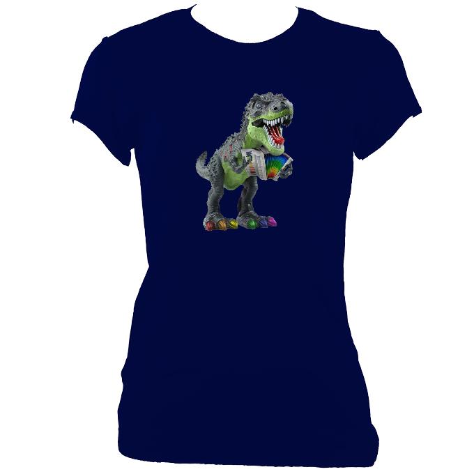 update alt-text with template Rainbow Dinosaur Playing Accordion Ladies Fitted T-shirt - T-shirt - Navy - Mudchutney