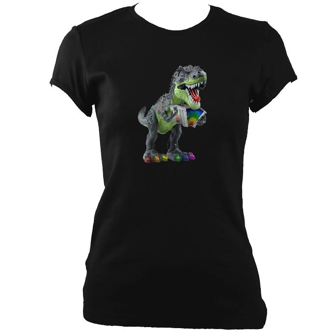 update alt-text with template Rainbow Dinosaur Playing Accordion Ladies Fitted T-shirt - T-shirt - Black - Mudchutney