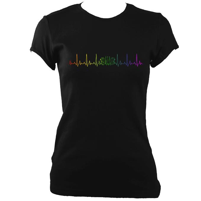 Rainbow Coloured Heartbeat Concertina Ladies Fitted T-shirt - T-shirt - Black - Mudchutney