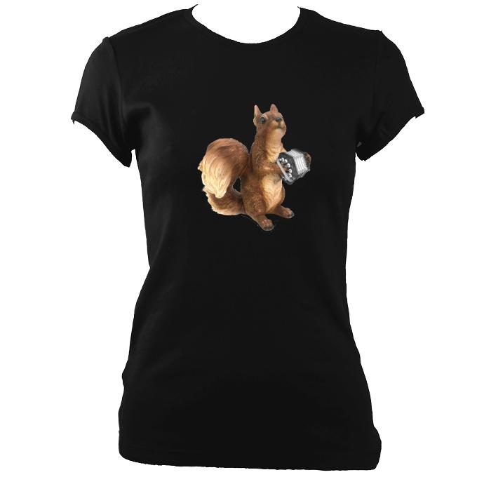 update alt-text with template Concertina Playing Squirrel Ladies Fitted T-shirt - T-shirt - Black - Mudchutney