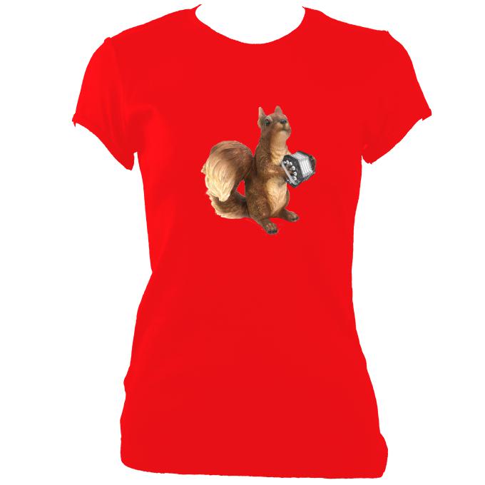 update alt-text with template Concertina Playing Squirrel Ladies Fitted T-shirt - T-shirt - Cherry Red - Mudchutney