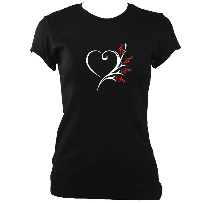Musical Heart Flower Ladies Fitted T-shirt - T-shirt - Black - Mudchutney