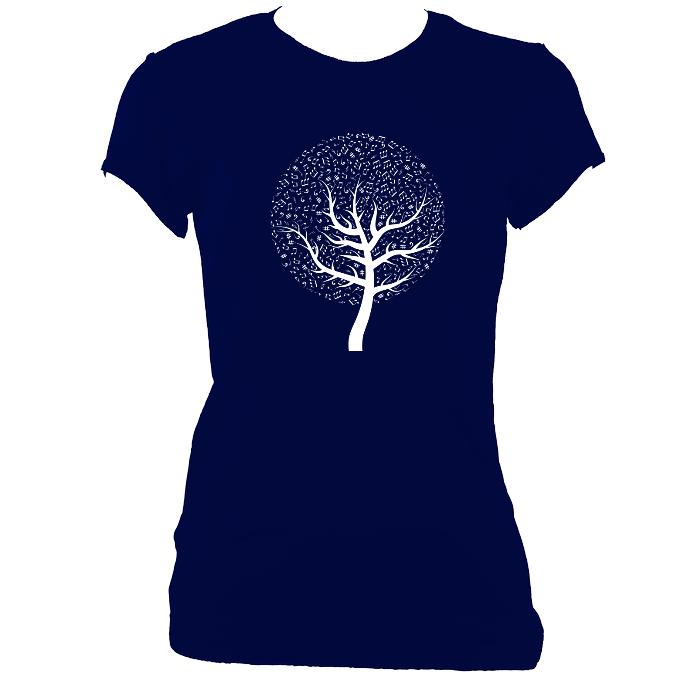 update alt-text with template Musical Notes Tree Ladies Fitted T-shirt - T-shirt - Navy - Mudchutney