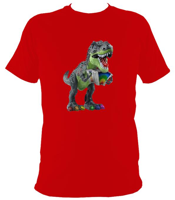 Rainbow Dinosaur Playing Accordion T-shirt - T-shirt - Red - Mudchutney