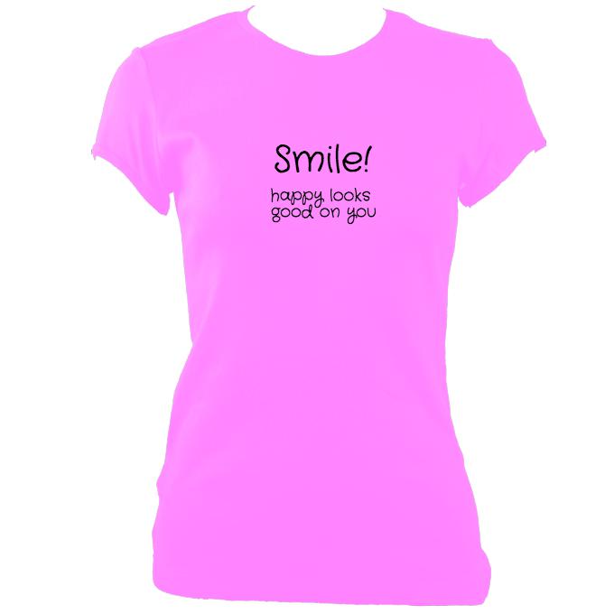 update alt-text with template Smile Happy Looks Good Fitted T-Shirt - T-shirt - Azalea - Mudchutney