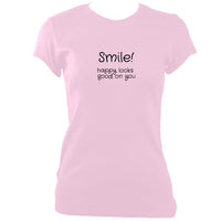 update alt-text with template Smile Happy Looks Good Fitted T-Shirt - T-shirt - Light Pink - Mudchutney