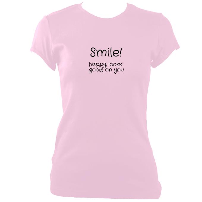 update alt-text with template Smile Happy Looks Good Fitted T-Shirt - T-shirt - Light Pink - Mudchutney