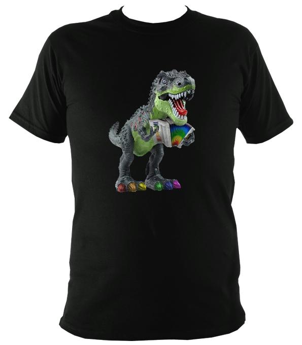 Rainbow Dinosaur Playing Accordion T-shirt - T-shirt - Black - Mudchutney