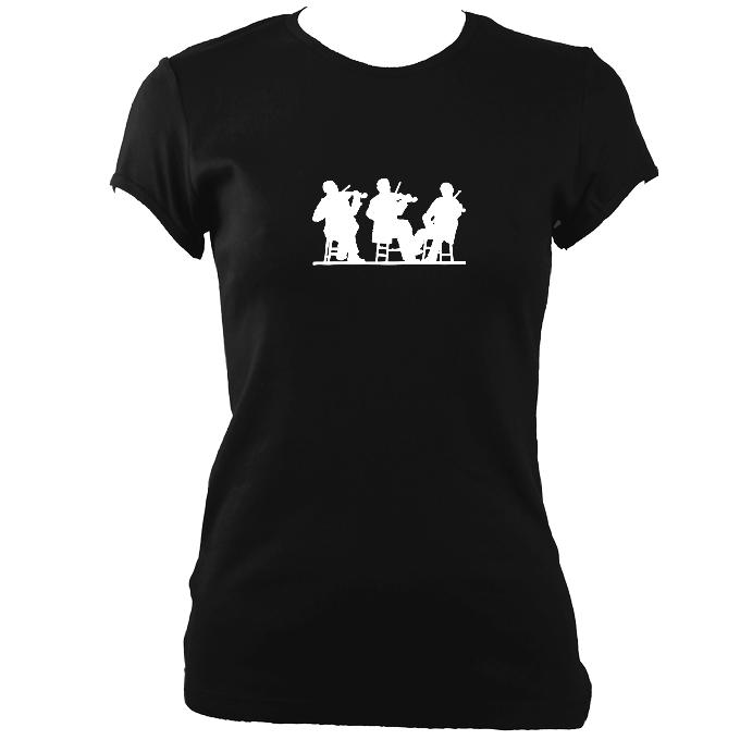 update alt-text with template Three Fiddlers Ladies Fitted T-shirt - T-shirt - Black - Mudchutney