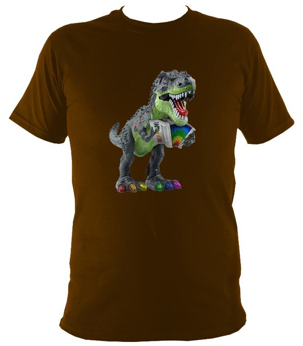 Rainbow Dinosaur Playing Accordion T-shirt - T-shirt - Dark Chocolate - Mudchutney